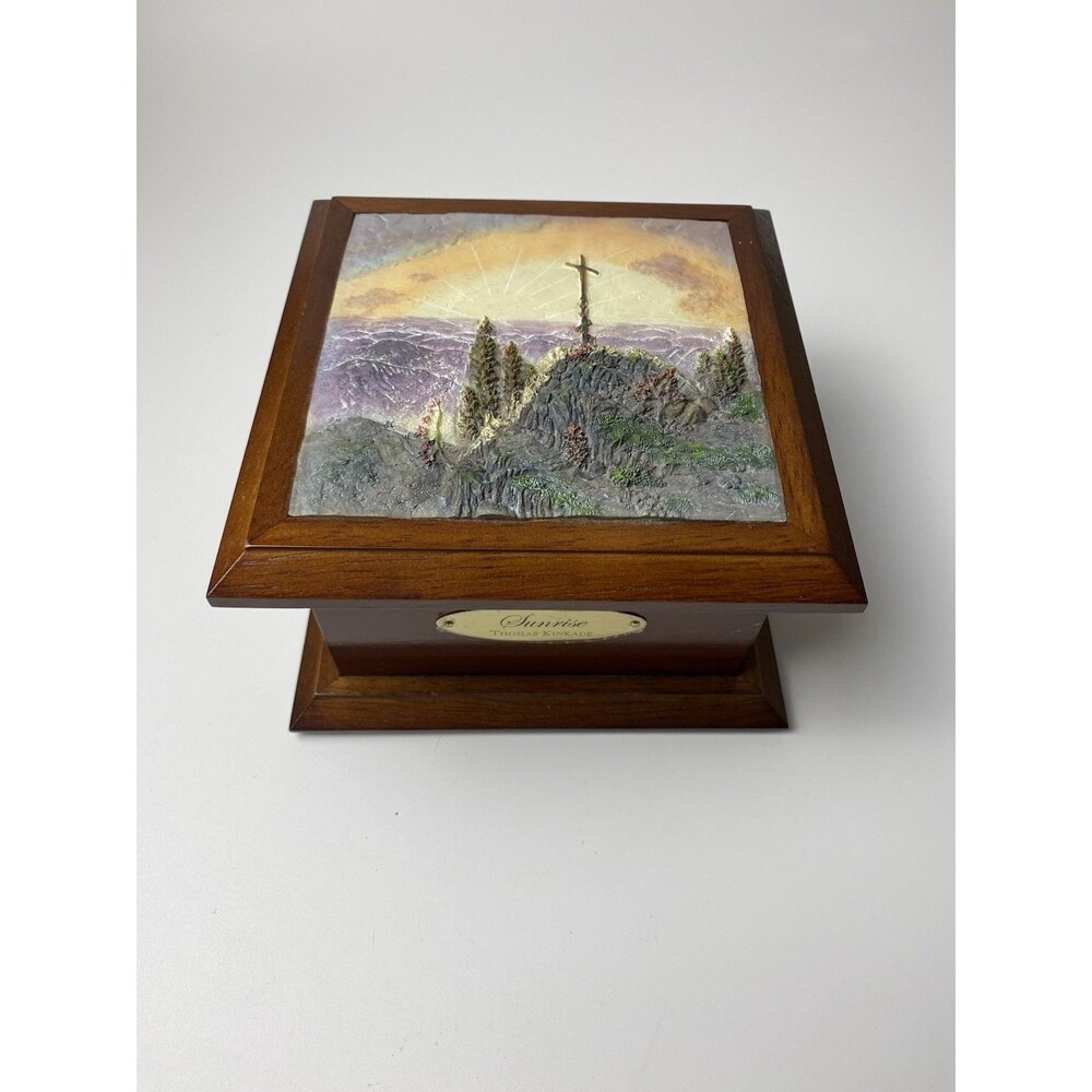 Thomas Kincaid Sunrise Cross Wood Jewelry Trinket Box Velvet Interior Hinged Lid